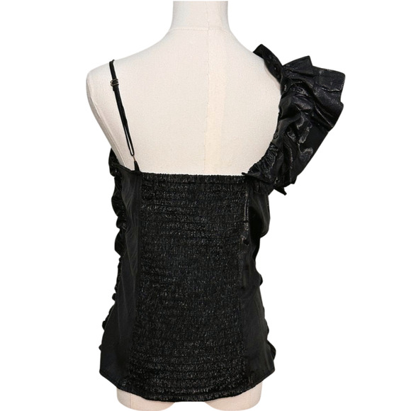 Myth Black Taffeta Ruffled One Shoulder Smocked Padded Ruched Blouse Large - Picture 5 of 7